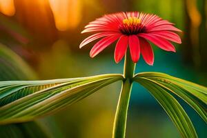 a red flower is standing in front of a green plant. AI-Generated photo