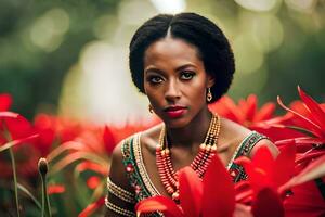 beautiful african woman in red flowers. AI-Generated photo