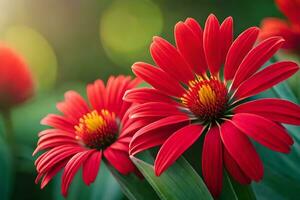 rojo flores con verde hojas en el luz de sol. generado por ai foto