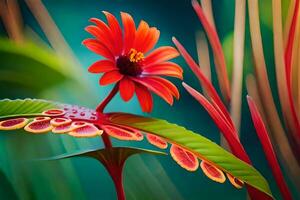 a red flower is sitting on a green stem. AI-Generated photo