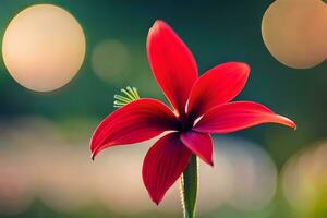 a red flower is in the foreground of a blurry background. AI-Generated photo