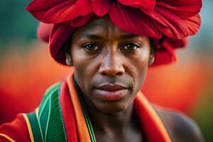 un hombre con un rojo flor en su cabello. generado por ai foto