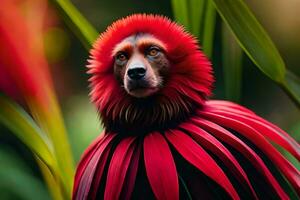 a dog wearing a red flower headdress. AI-Generated photo