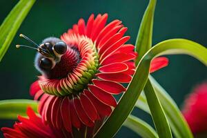 bee on red flower with green leaves. AI-Generated photo