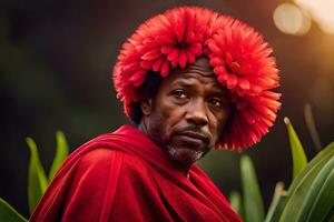 un hombre vistiendo un rojo flor corona. generado por ai foto