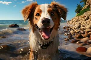 3D render of dog exploring the beach AI Generative photo