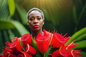 un mujer con rojo flores en su manos. generado por ai foto