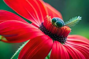 a bug on a red flower with green leaves. AI-Generated photo