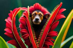 a dog is peeking out from behind red flowers. AI-Generated photo