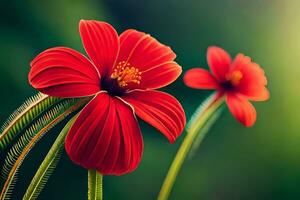 two red flowers are in front of a green background. AI-Generated photo