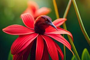 a red flower with a bird sitting on it. AI-Generated photo