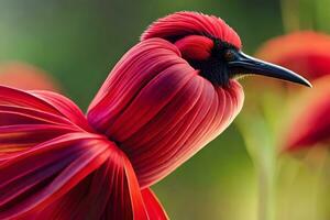 a bird with long red feathers standing in front of some flowers. AI-Generated photo