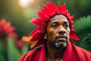 un hombre vistiendo un rojo flor corona en el bosque. generado por ai foto