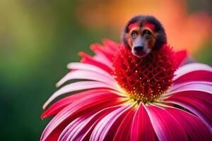 un mono es sentado en parte superior de un flor. generado por ai foto