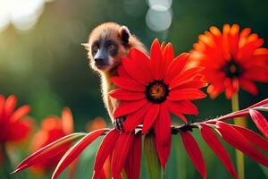 a monkey is sitting on top of a red flower. AI-Generated photo