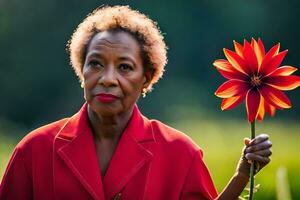 un más viejo mujer participación un rojo flor. generado por ai foto