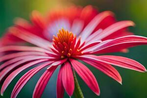 un cerca arriba de un rojo flor con un verde antecedentes. generado por ai foto