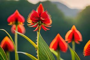 red flowers in the sun with mountains in the background. AI-Generated photo