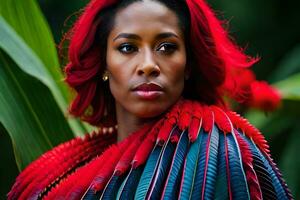 un mujer con rojo pelo y plumas en su cabello. generado por ai foto