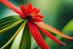 a red flower with green leaves in the background. AI-Generated photo