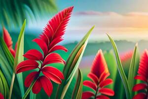 red flowers in the tropical jungle at sunset. AI-Generated photo