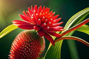 a red flower is growing on a green plant. AI-Generated photo