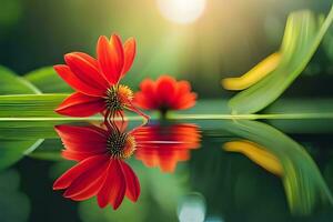 rojo flor, agua, reflexión, verde, sol, reflexión, agua, naturaleza, naturaleza fotografía. generado por ai foto