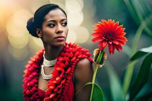 un hermosa mujer en un rojo vestir participación un flor. generado por ai foto