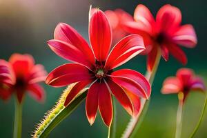 red flowers in the sun with green leaves. AI-Generated photo