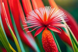 a red flower is in the middle of a green plant. AI-Generated photo