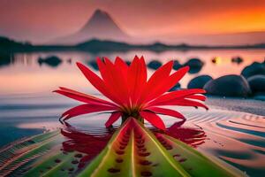 a red flower sits on the water in front of a mountain. AI-Generated photo