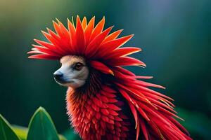 un perro con un rojo flor en sus cabeza. generado por ai foto