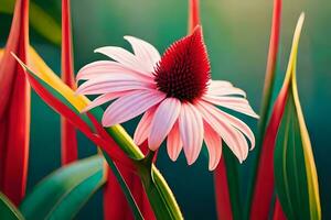a pink flower is in the middle of green plants. AI-Generated photo