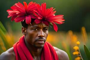 a man with a red flower crown on his head. AI-Generated photo