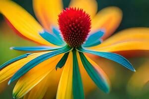 un cerca arriba de un vistoso flor con un rojo centro. generado por ai foto