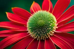 un rojo flor con verde centrar y un verde provenir. generado por ai foto