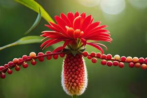 a red flower is on a stem with green leaves. AI-Generated photo