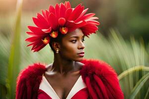 a beautiful woman wearing a red flower crown. AI-Generated photo