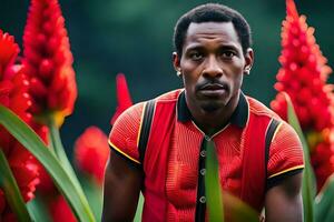 un hombre en un rojo camisa en pie en frente de rojo flores generado por ai foto