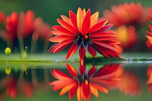 rojo flores en agua con reflexión. generado por ai foto