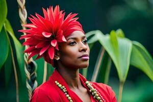 a beautiful woman with a red headdress and a flower in her hair. AI-Generated photo