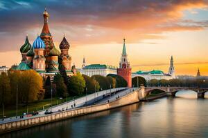 the kremlin and the moscow river at sunset. AI-Generated photo