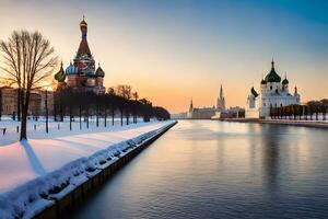 el kremlin y el río Moscú a puesta de sol. generado por ai foto