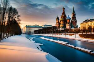 el kremlin y el Moscú río en invierno. generado por ai foto