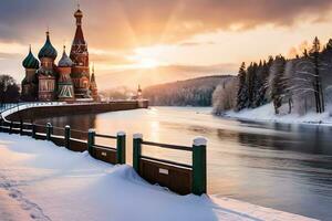 the sun is setting over the kremlin and river. AI-Generated photo