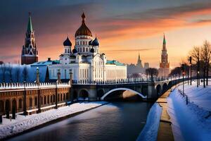 el kremlin y el río en invierno. generado por ai foto