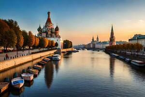 el kremlin y el río Moscú a puesta de sol. generado por ai foto