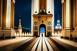 a long exposure photo of a building with a lighted arch. AI-Generated