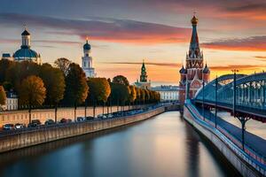 el kremlin y el Moscú río a puesta de sol. generado por ai foto