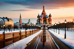 el kremlin y el rojo cuadrado en invierno. generado por ai foto